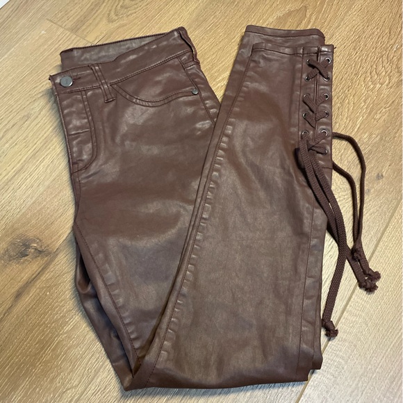 Pilcro and the Letterpress Anthropologie Red Brown Coated Ankle Tie Pants 26” - Picture 3 of 11